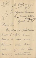 Image of Case 1294 20. Letter from Miss Lamb, Guildford Home to Revd Edward Rudolf  13 April 1898
 page 1