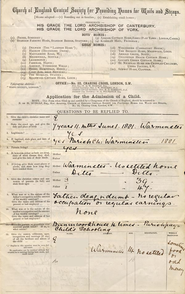 Large size image of Case 1372 1. Application to the Waifs and Strays' Society 1 May 1888
 page 1
