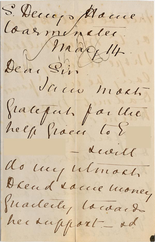 Large size image of Case 1372 4. Letter from St. Denys' House, Warminster 14 May 1888
 page 1