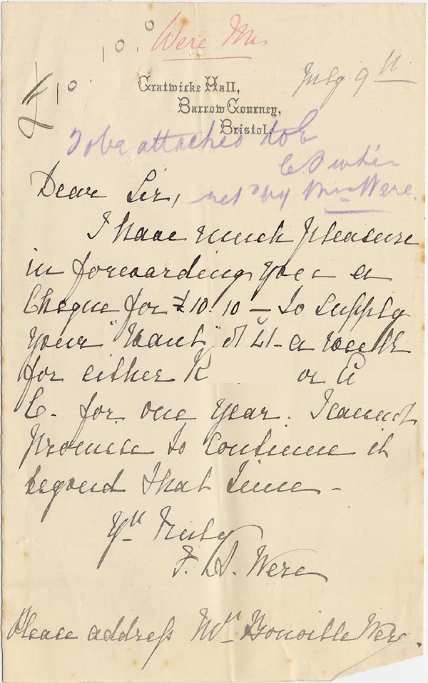 Large size image of Case 1372 7. Letter from Gratwicke Hall 9 July 1888
 page 1