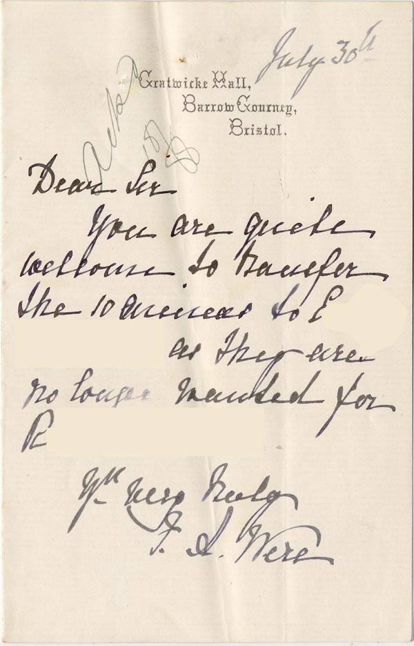 Large size image of Case 1372 11. Letter from Gratwicke Hall 30 July 1888
 page 1