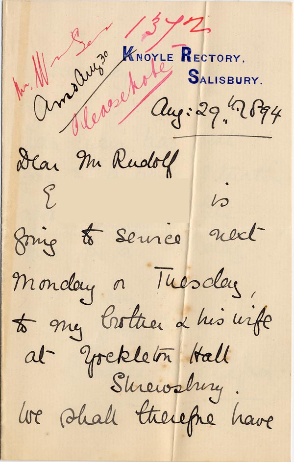 Large size image of Case 1372 14. Letter from Knoyle Cottage 29 August 1892
 page 1