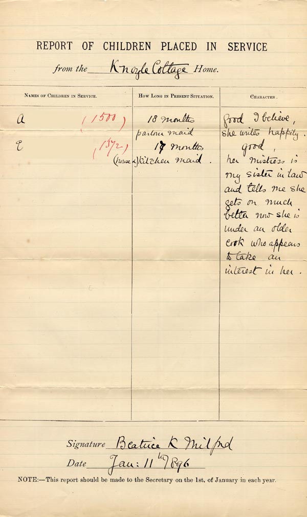 Large size image of Case 1372 15. Report of Children Placed in Service, Knoyle Cottage 11 January 1896 
 page 1