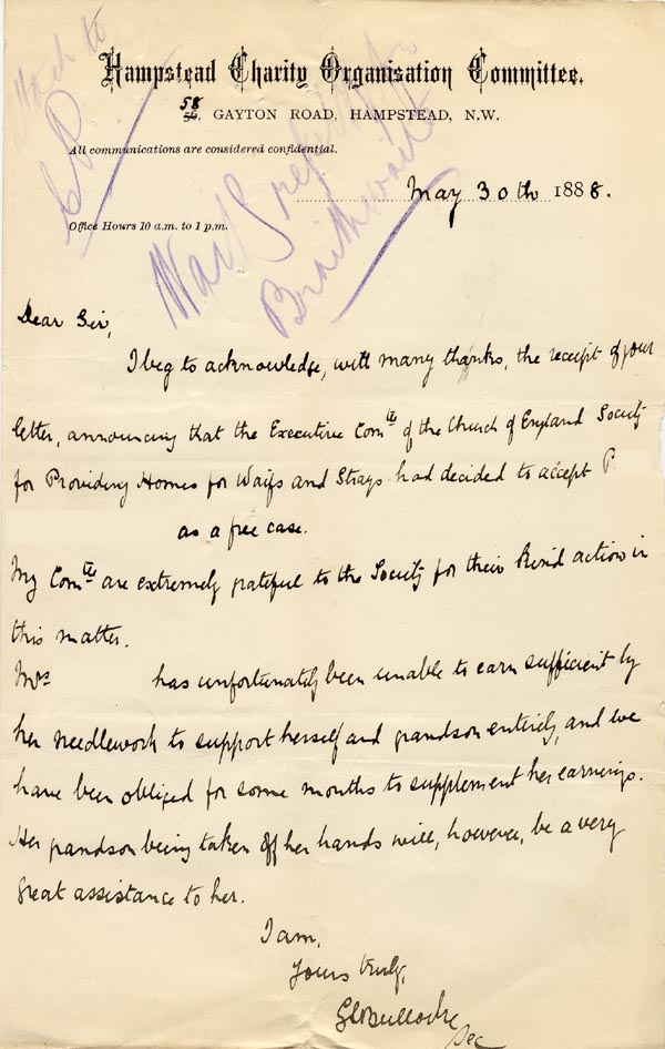 Large size image of Case 1399 2. Letter from the Hampstead Charity Organisation Committee 30 May 1888
 page 1