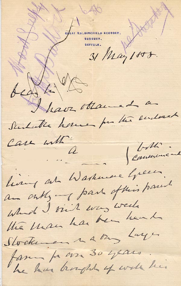 Large size image of Case 1399 3. Letter from the Great Waldingfield Rectory 31 May 1888
 page 1