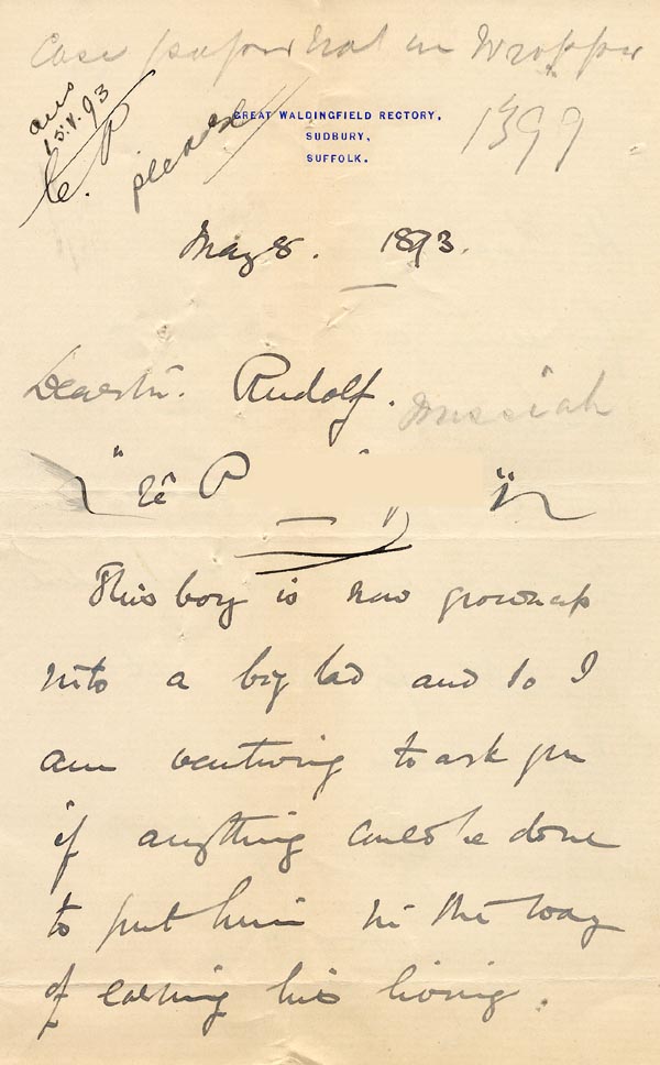 Large size image of Case 1399 10. Letter from the Great Waldingfield Rectory 8 May 1893
 page 1