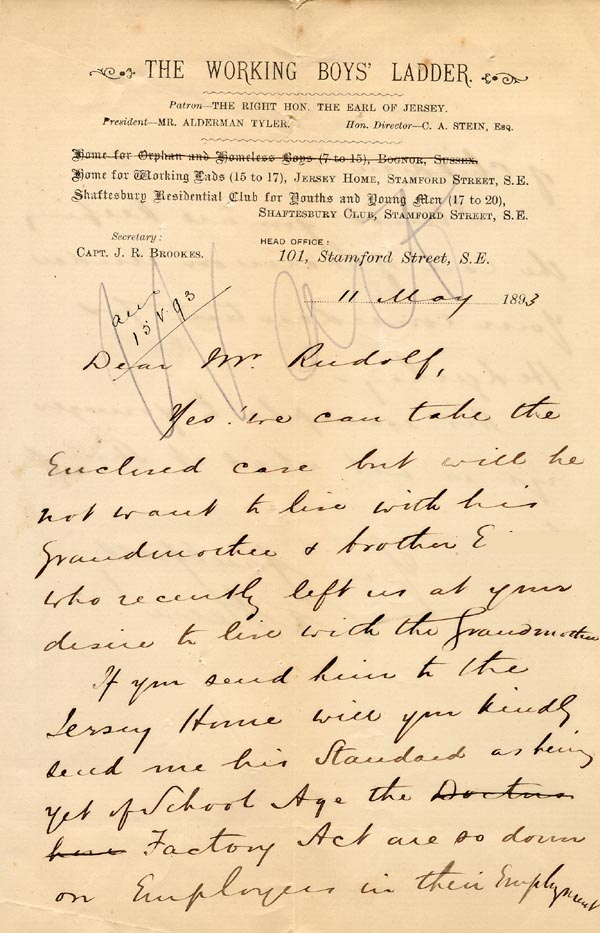 Large size image of Case 1399 11. Letter from the Working Boys' Ladder 11 May 1893
 page 1