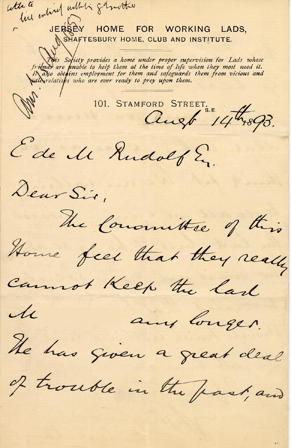 Large size image of Case 1399 13. Letter from Jersey Home for Working Lads 14 August 1893
 page 1