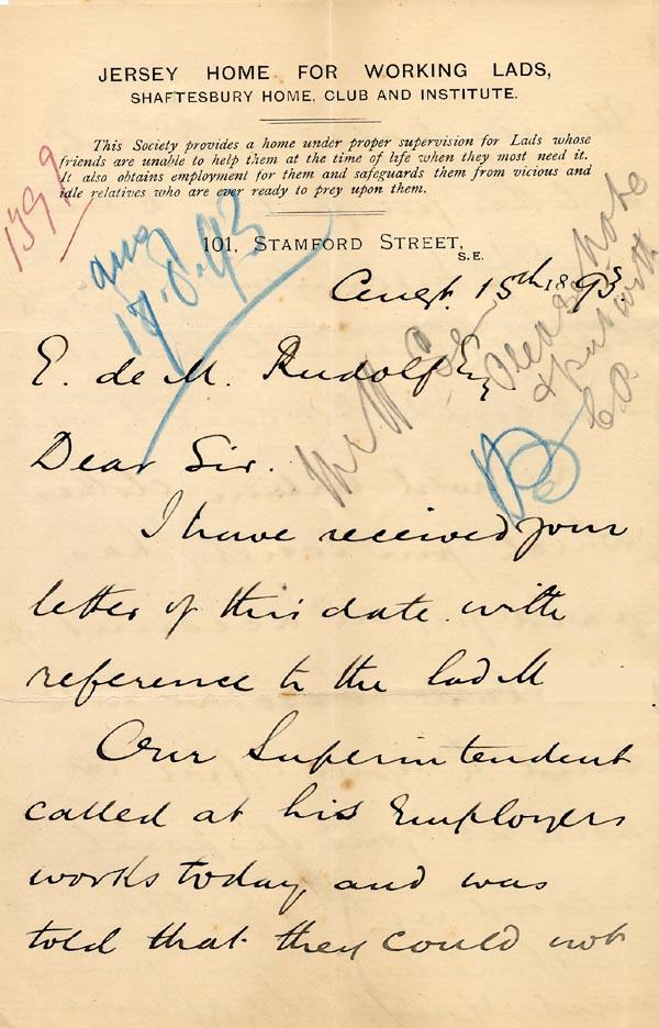 Large size image of Case 1399 14. Letter from Jersey Home for Working Lads 15 August 1893
 page 1