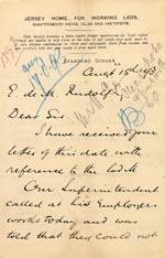 Image of Case 1399 14. Letter from Jersey Home for Working Lads 15 August 1893
 page 1