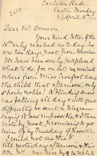 Large size image of Case 2258 7. Letter from Miss Fell  18 April 1892
 page 1