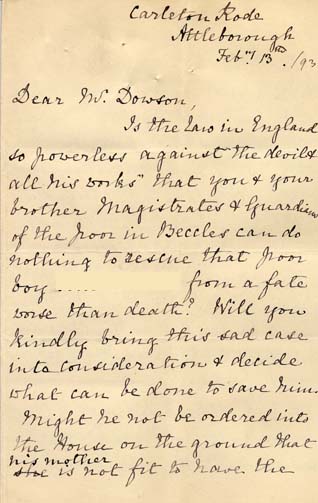 Large size image of Case 2258 10. Letter from Miss Fell 13 February 1893
 page 1
