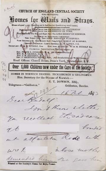 Large size image of Case 2258 11. Letter from Beccles, Suffolk 16 February 1893
 page 1