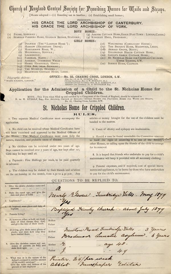 Large size image of Case 2434 1. Application to Waifs and Strays' Society 26 April 1890
 page 1