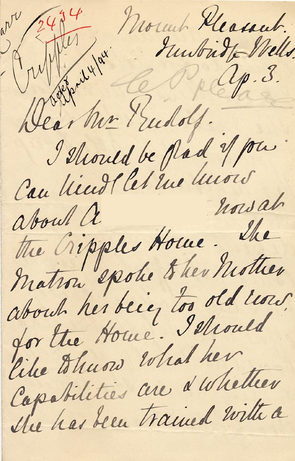 Large size image of Case 2434 8. Letter from Miss D. 3 April 1894
 page 1