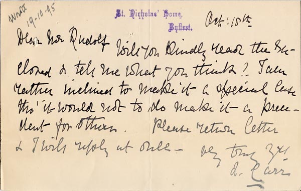 Large size image of Case 2434 9. Letter from Mrs Carr, St. Nicholas' Home, Byfleet 18 October 1895
 page 1