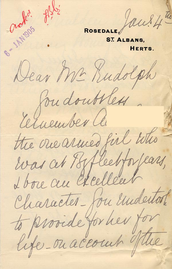 Large size image of Case 2434 12. Letter from Miss D. 4 January 1905
 page 1