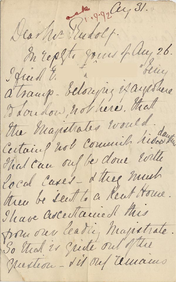 Large size image of Case 3271 3. Letter from Mr Drummond to Edward Rudolf  31 August 1892
 page 1
