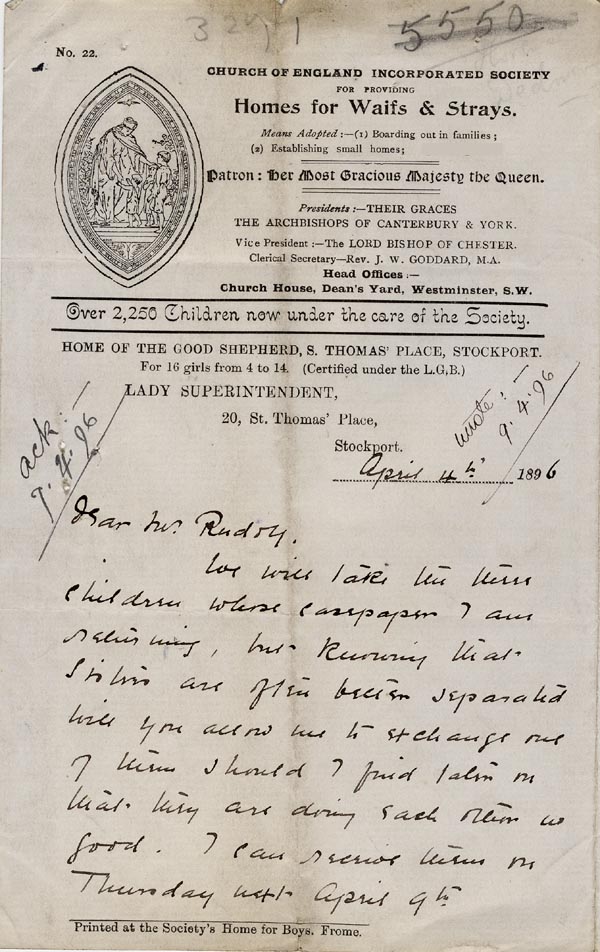 Large size image of Case 3271 5. Letter from Home of the Good Shepherd to Edward Rudolf  4 April 1896
 page 1
