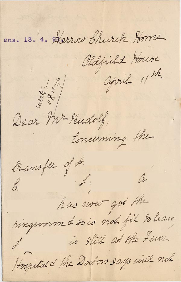 Large size image of Case 3271 6. Letter from Harrow Church Home to Edward Rudolf  11 April 1896
 page 1
