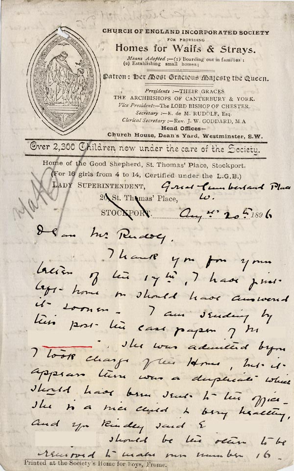 Large size image of Case 3271 7. Letter from Home of the Good Shepherd to Edward Rudolf  20 August 1896
 page 1