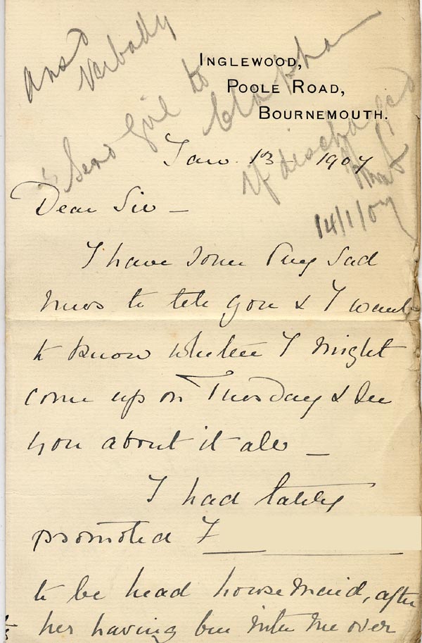 Large size image of Case 3271 8. Letter from F's employer, Miss G. Scott to Edward Rudolf  13 January 1897
 page 1
