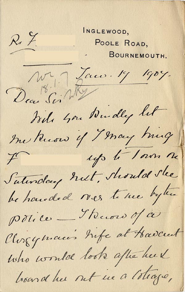 Large size image of Case 3271 9. Letter from F's employer, Miss G. Scott to Edward Rudolf  19 January 1907
 page 1