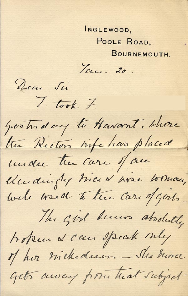 Large size image of Case 3271 10. Letter from F's employer, Miss G. Scott to Edward Rudolf  20 January 1907
 page 1
