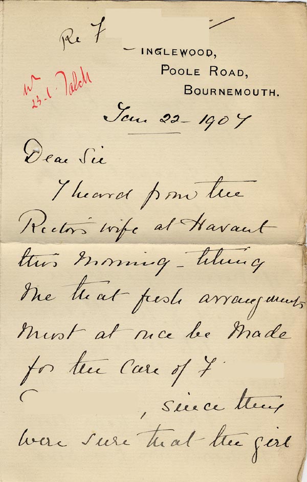 Large size image of Case 3271 11. Letter from F's employer, Miss G. Scott to Edward Rudolf  22 January 1907
 page 1
