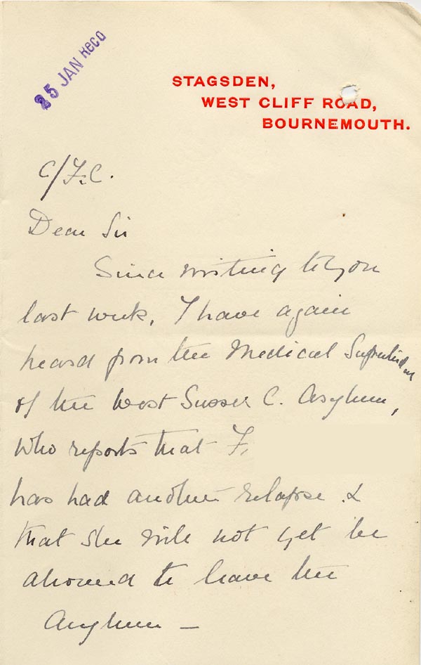 Large size image of Case 3271 12. Letter from F's employer, Miss G. Scott to Edward Rudolf  c. 22 January 1907
 page 1