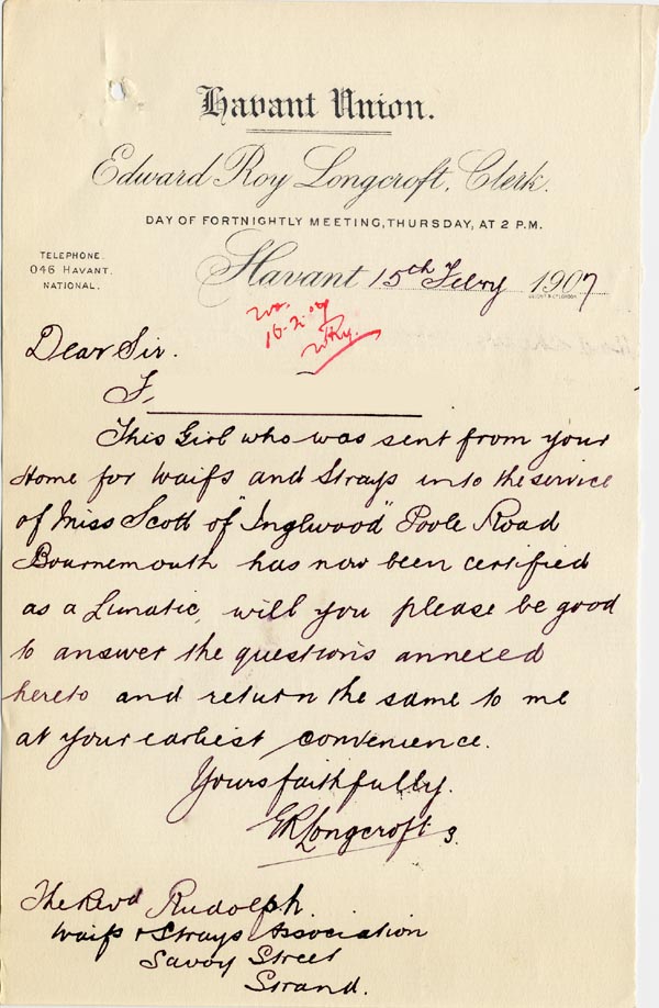Large size image of Case 3271 16. Letter from Havant Union to Edward Rudolf  15 February 1907
 page 1