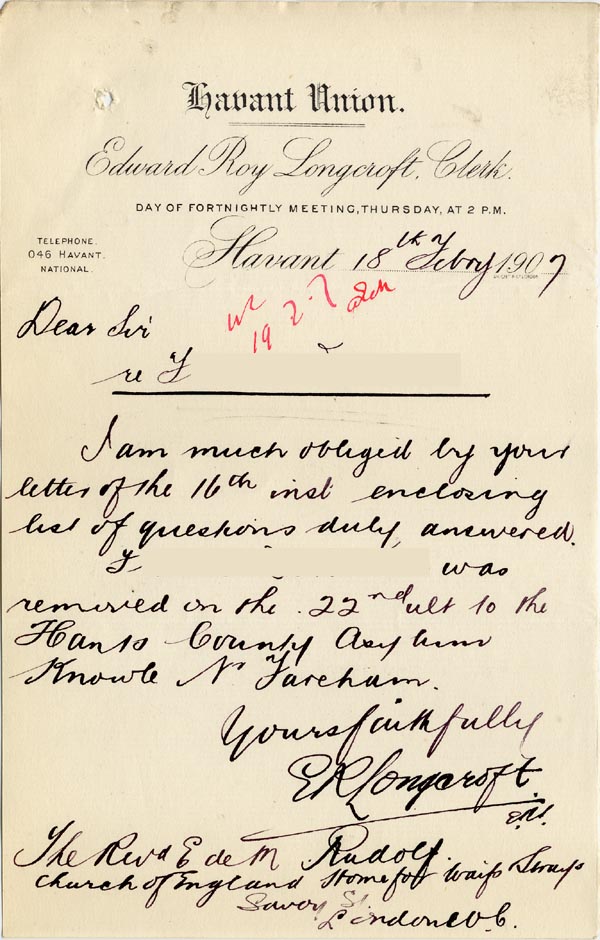 Large size image of Case 3271 18. Letter from Havant Union to Edward Rudolf  18 February 1907
 page 1