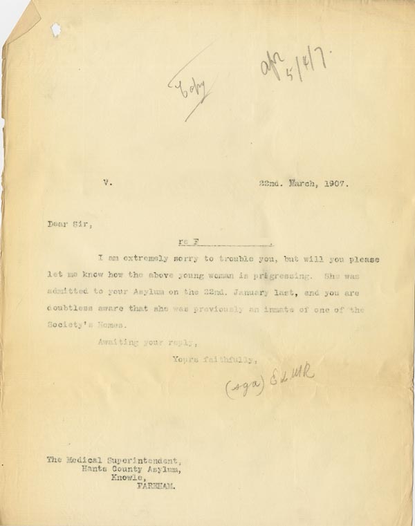 Large size image of Case 3271 20. Copy of letter from Edward Rudolf to Hants County Asylum  22 March 1907
 page 1