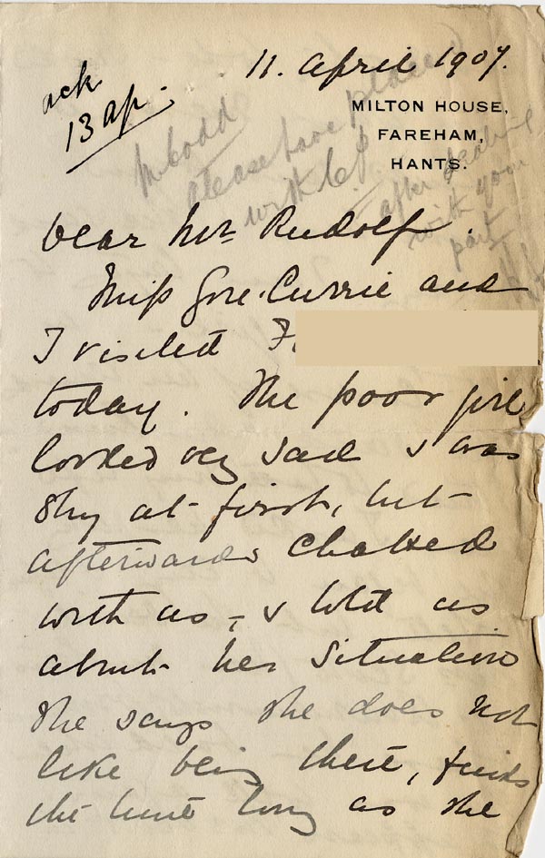 Large size image of Case 3271 22. Letter from Miss Gittens, Industrial Home, Fareham to Edward Rudolf  11 April 1907
 page 1