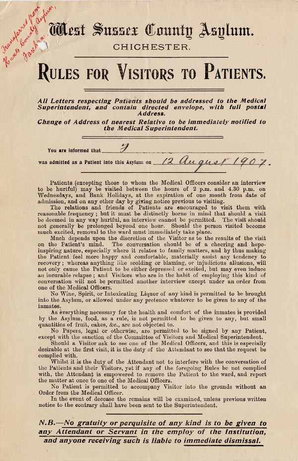 Large size image of Case 3271 25. Rules for Visitors to Patients - West Sussex County Asylum  12 August 1907
 page 1
