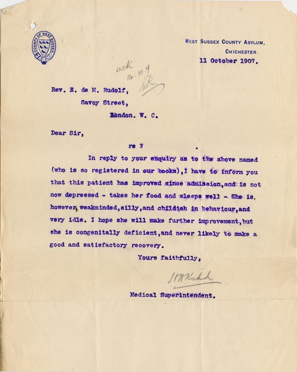 Large size image of Case 3271 28. Letter from West Sussex County Asylum to Edward Rudolf  11 October 1907
 page 1