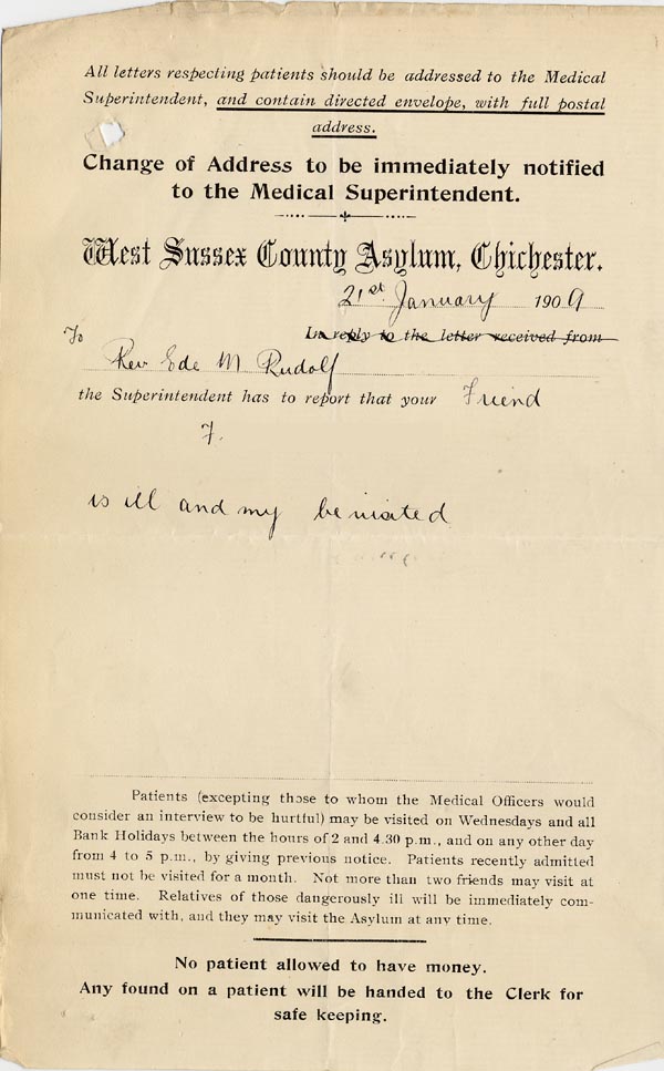 Large size image of Case 3271 30. Letter from West Sussex County Asylum to Edward Rudolf  21 January 1909
 page 1