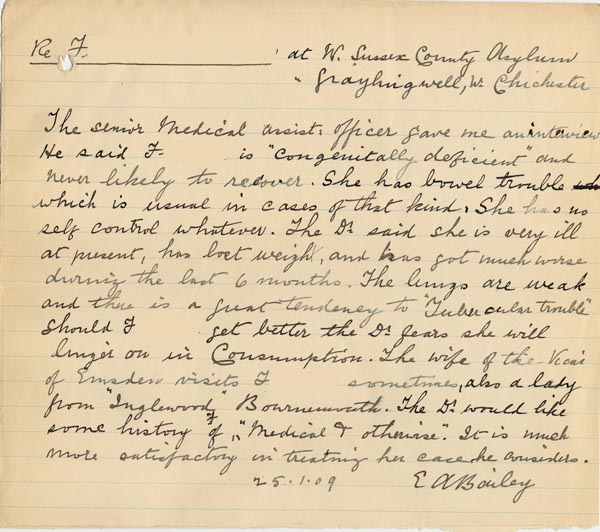 Large size image of Case 3271 32. Note from E.A. Bailey concerning F's mental condition  25 January 1909
 page 1