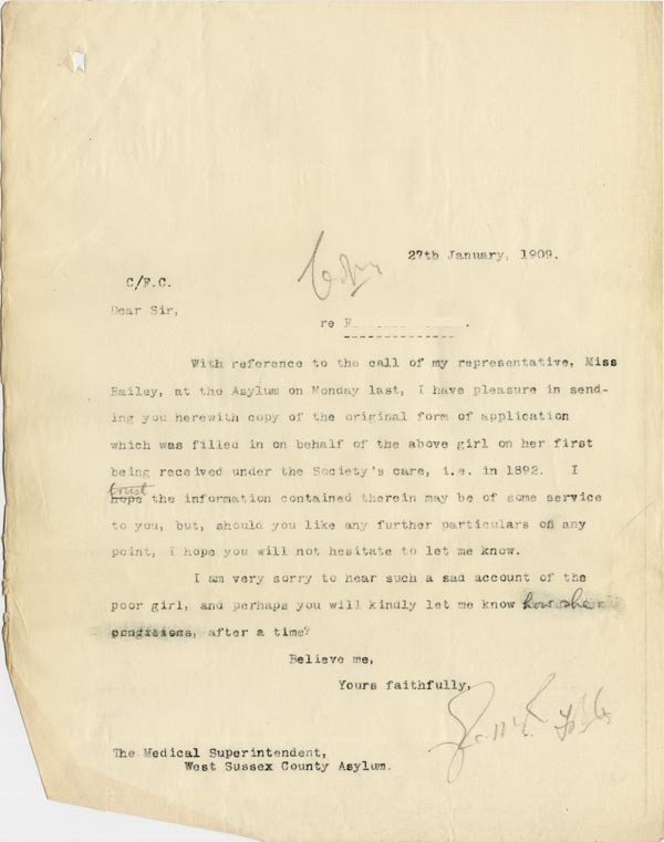 Large size image of Case 3271 33. Copy of letter from Edward Rudolf to West Sussex County Asylum  27 January 1909
 page 1