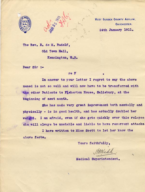 Large size image of Case 3271 38. Letter from West Sussex County Asylum to Edward Rudolf  24 January 1911
 page 1