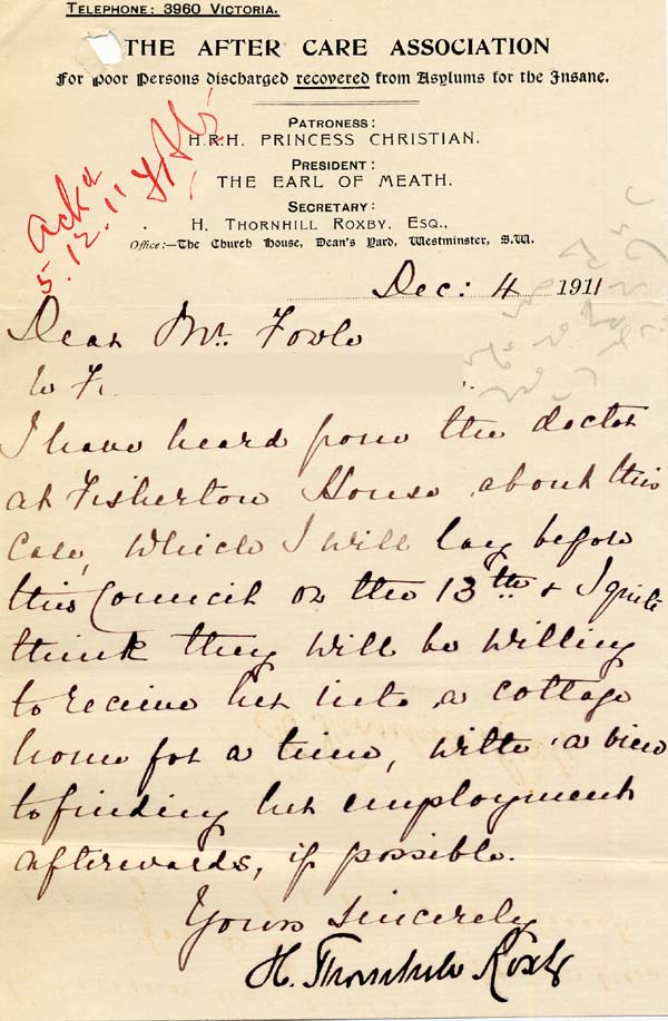 Large size image of Case 3271 47. Letter from Mr Roxby, The After Care Association to Edward Rudolf  4 December 1911
 page 1