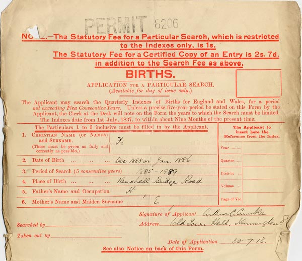 Large size image of Case 3271 54. Application for a search of births  30 July 1913
 page 1