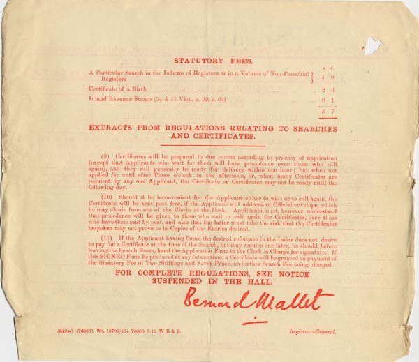 Large size image of Case 3271 54. Application for a search of births  30 July 1913
 page 2