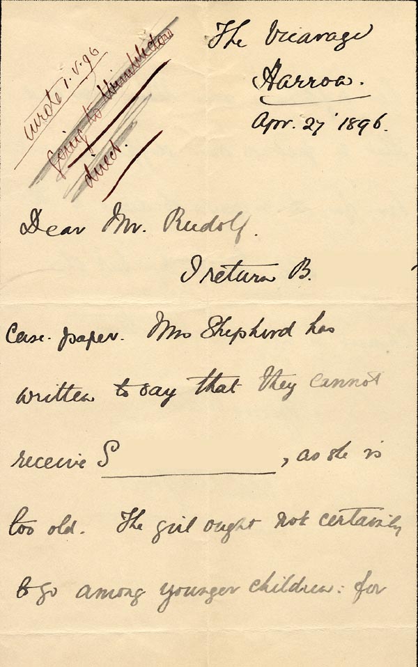 Large size image of Case 3574 4. Letter from the Vicarage at Harrow 27 April 1896
 page 1