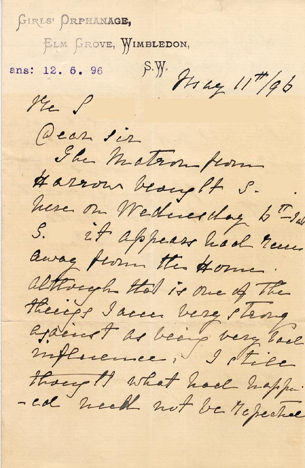 Large size image of Case 3574 6. Letter from Elm Grove Orphanage 11 May 1896
 page 1