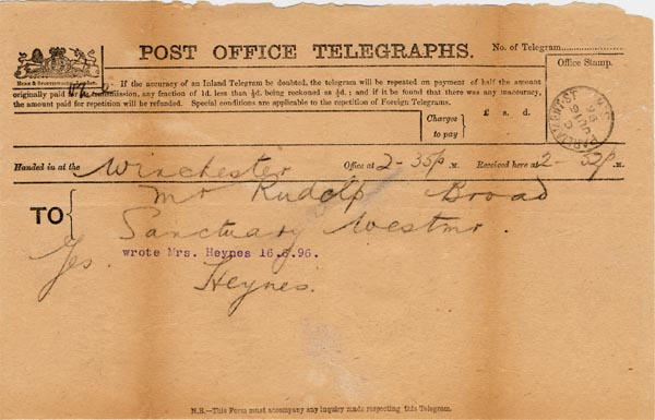 Large size image of Case 3574 11. Telegraph to Revd Edward Rudolf from Mrs Heynes 16 June 1896
 page 1