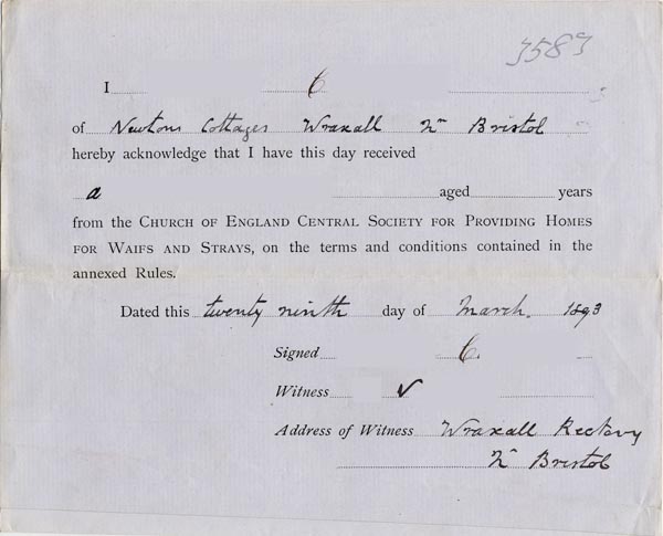 Large size image of Case 3583 4. Form of receipt by the Foster Parent 29 March 1893
 page 1