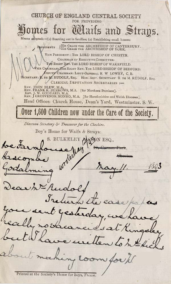 Large size image of Case 3622 3. Letter from S.B. Jacson of Kingsley Hall 11 May 1893
 page 1