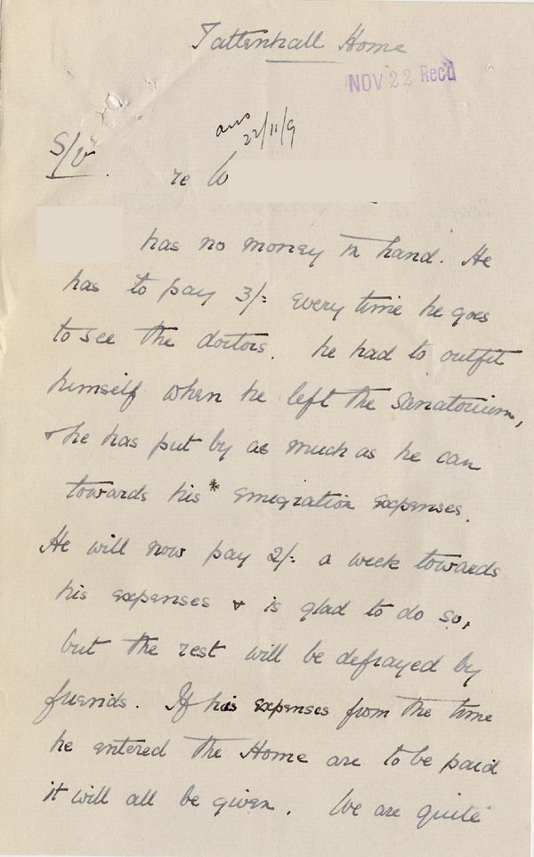 Large size image of Case 3622 16. Letter from Tattenhall Home c. 22 November 1909
 page 1