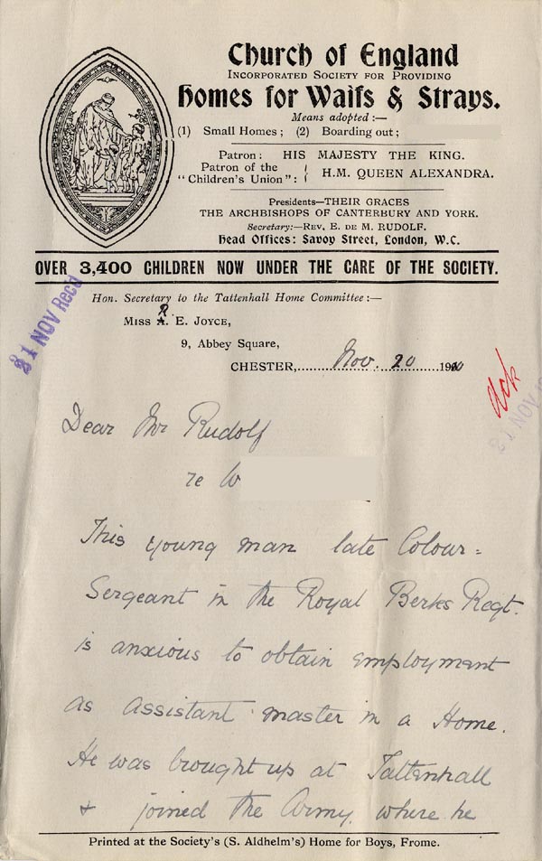 Large size image of Case 3622 20. Letter from Tattenhall Home 20 November 1910
 page 1
